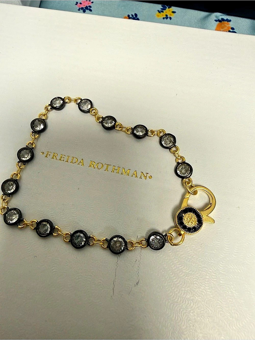 Freida Rothman Clear Crystal Bezel Bracelet 7” – Black Pavé Clasp Mixed Metal